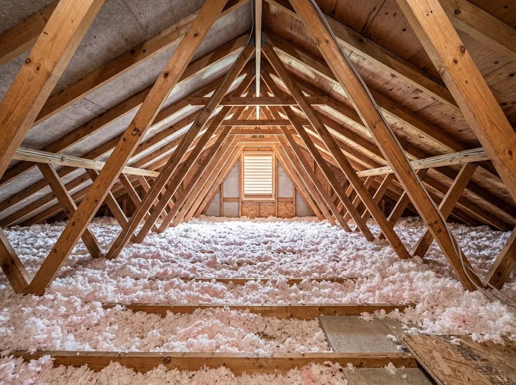 Attic with blown-in insulation between roof trusses