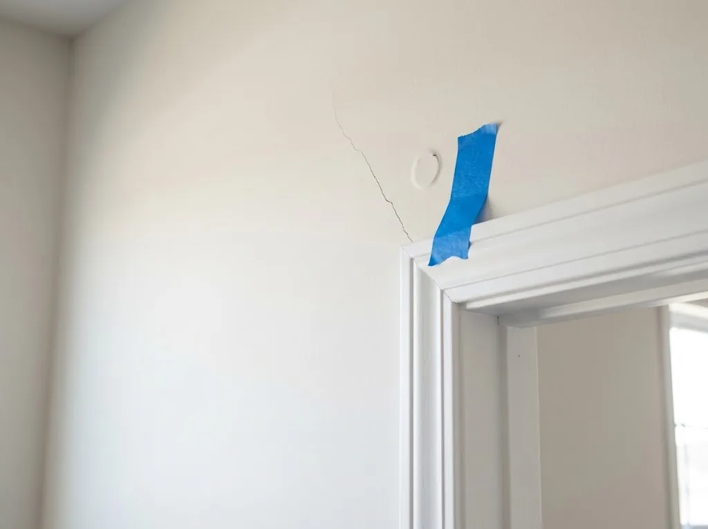 Hairline drywall crack above a door frame marked with blue painter's tape