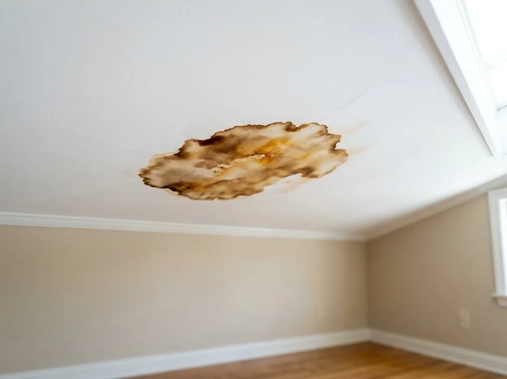 Brown water stain on a white ceiling