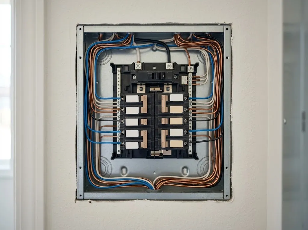 Open residential electrical panel with breakers and wiring