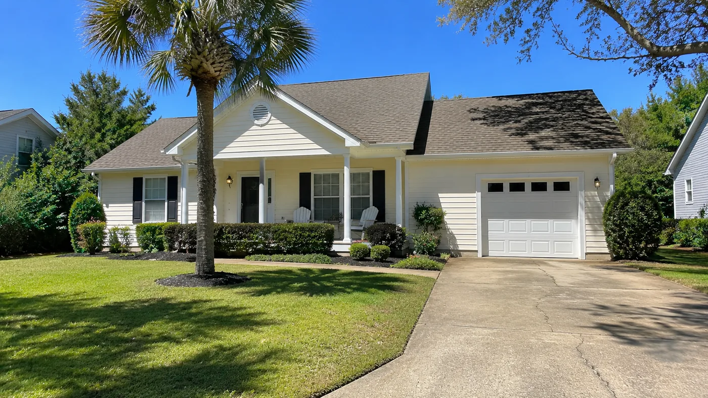 Single-story Florida home with a palm tree in the front yard