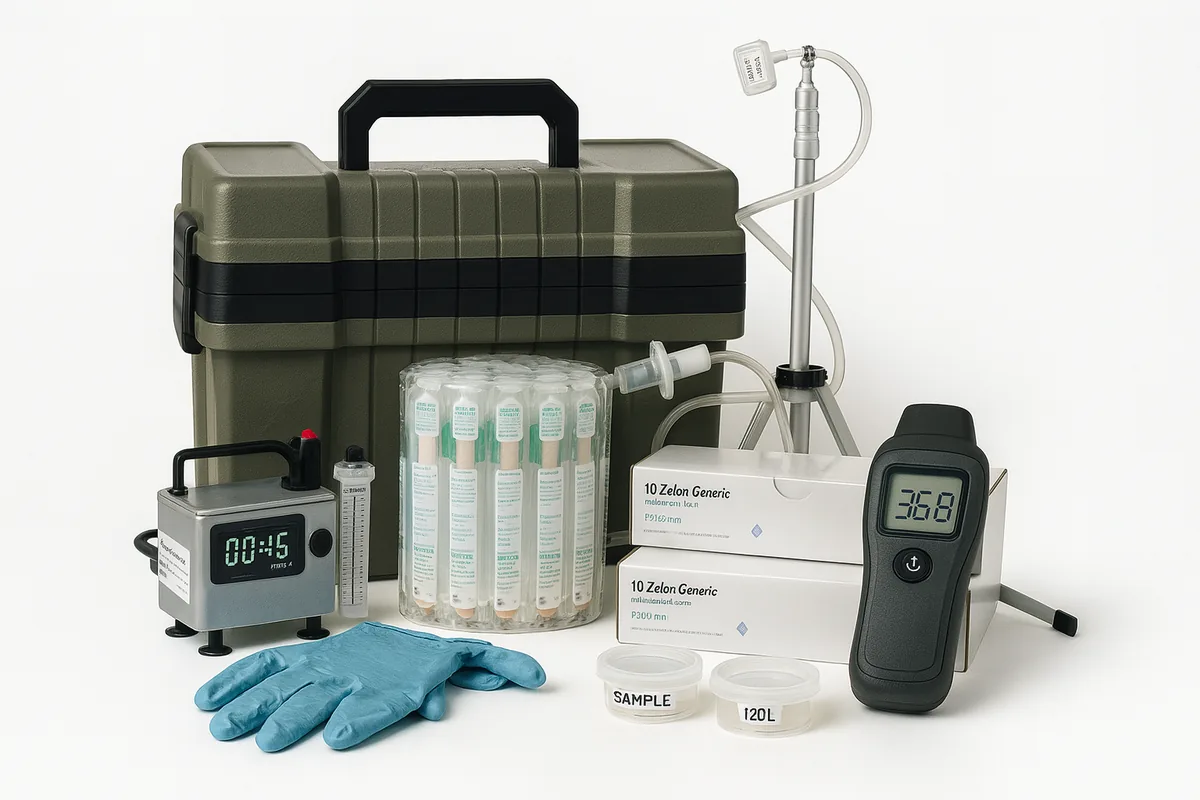 Air sampling pump, sample cassettes and a moisture meter laid out for testing