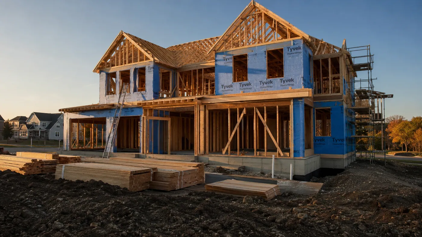 New home under construction with open framing