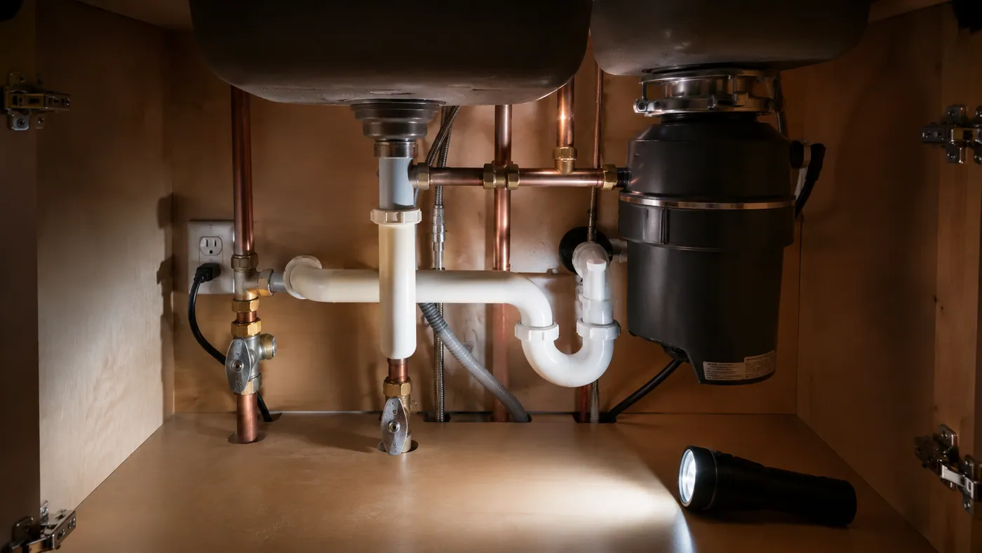 Plumbing supply and drain lines under a sink