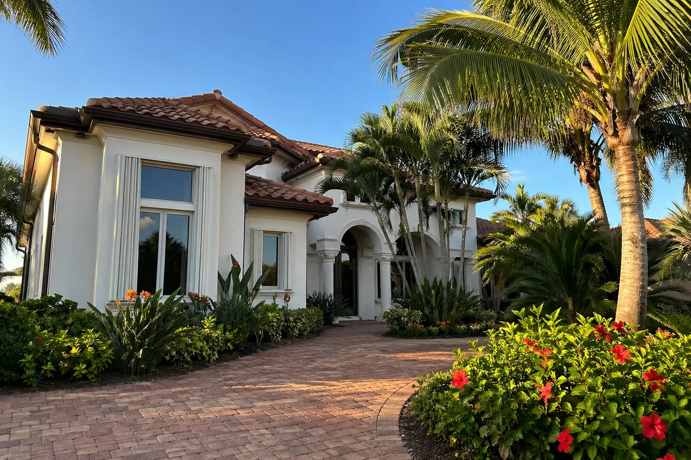 Florida home with a tile roof and mature palm trees